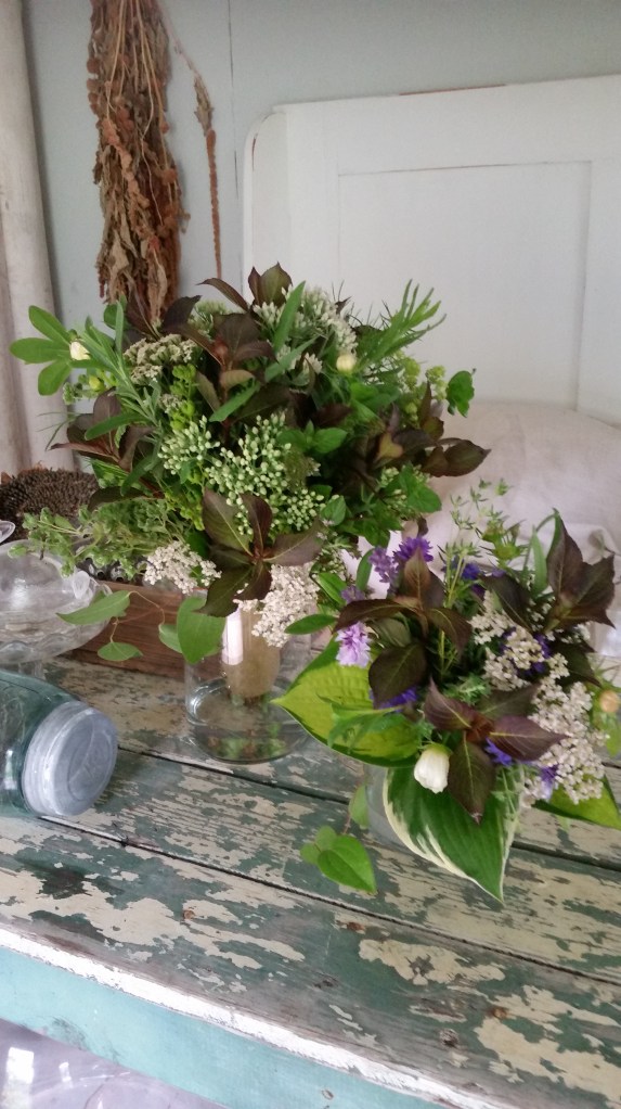 The little shed became my design studio for the day. Wedding flowers waiting for the bride.